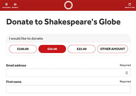 Screenshot reading "Donate to Shakespeare's Globe with buttons for various donation amounts