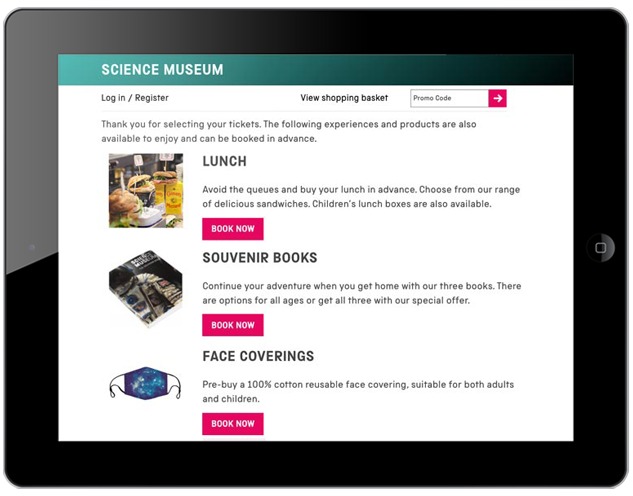 Screenshot of Science Museum website with options to purchase a lunch, souvenir book, or a face covering.