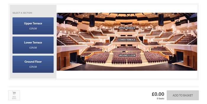 A screenshot showing a photo of Waterfront Hall seating, taken from the stage. Next to it, buttons for Upper Terrace, Lower Terrace, and Ground Floor seating.