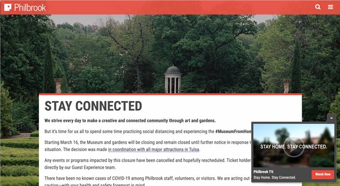A screenshot of the Philbrook Museum's homepage, showing a popup message headed 'Stay Connected'