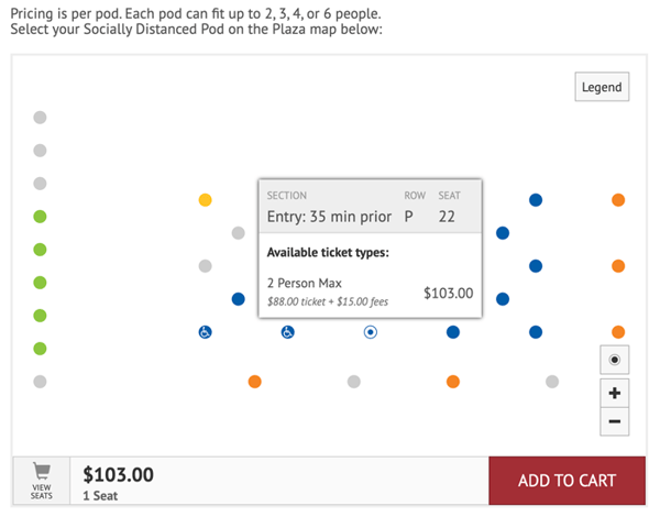 Screenshot showing different colored dots representing 'pods' of seating. A pop-up modal reads: 'Available ticket types: 2 person max, $103' 