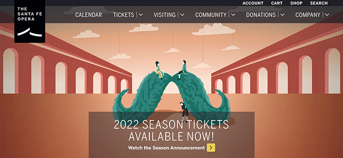 The homepage of Santa Fe Opera's website featuring 2022 season ticket sales