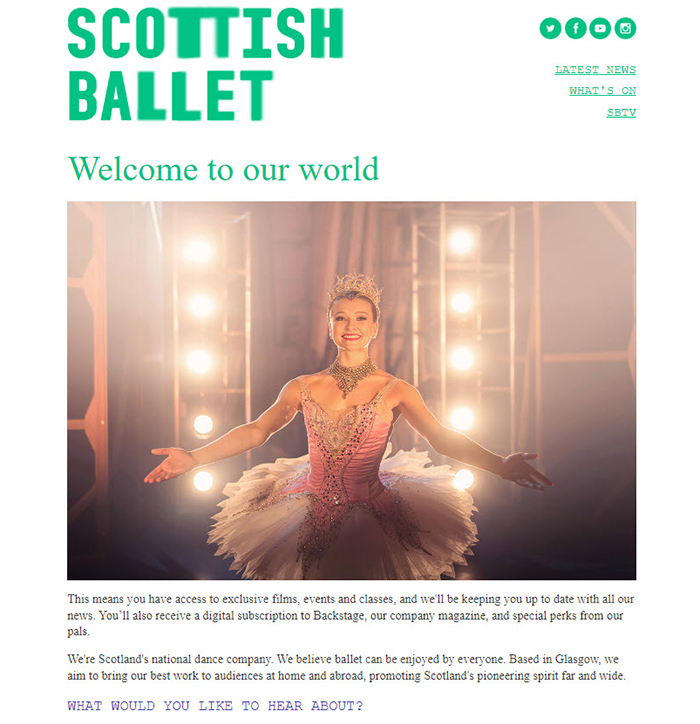 Welcome email from Scottish Ballet with image of a dancer and a request for user details to unlock special offer