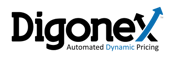 Digonex's logo in black text. The "x" in Digonex is two black and blue arrows intersecting and pointing upward. Below the logo reads Automated Dynamic Pricing in black and blue text. 