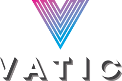 Vatic's logo in color and white text. Above the text is a purple and blue gradient V. Vatic's text is white with a gray shadow behind it to give a 3-D effect