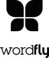 WordFly's logo, stacked. The logo is black, and WordFly is lowercased with "fly" bolded. 