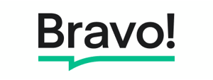 Studio bravo logo: Bravo! written in black with a green line below