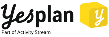 Black Yesplan logo with yellow cube