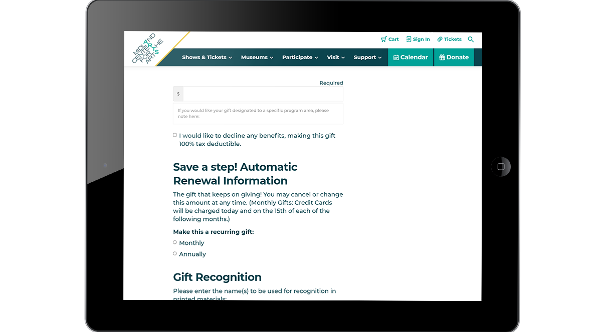 Midland Center Fundraising page on iPad