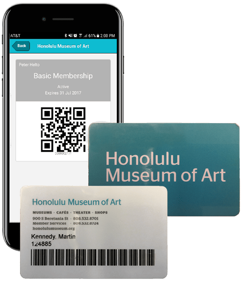 Printed membership cards (front and back) and a mobile membership card for Honolulu Museum of Art