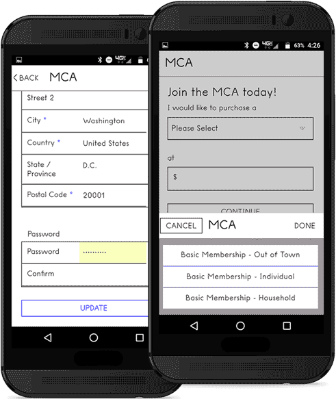 Two mobile phones showing membership screens from MCA Chicago