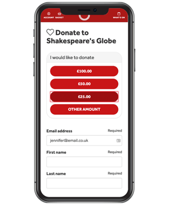 A mobile phone showing 'Donate to Shakespeare's Globe' with buttons to select a donation amount