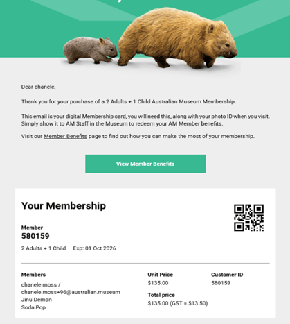 A screenshot of the Australian Museum's digital membership card, featuring an image of two wombats.