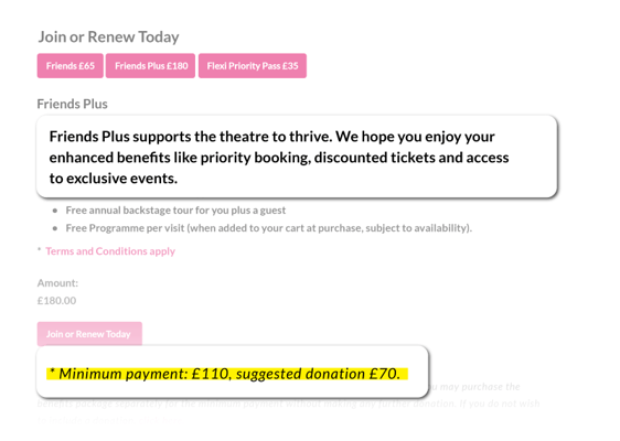 A screenshot of Newcastle Theatre Royal's membership e-commerce page. The screenshot emphasises the added perks and charitable giving aspects of the Friends Plus tier.