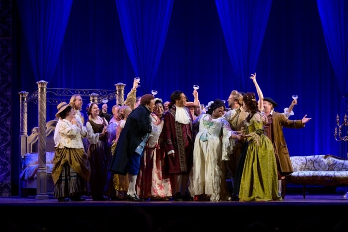 The cast of Anonymous Lover joyously perform onstage at the Academy of Music in Philadelphia, Pennsylvania.