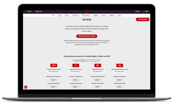 Laptop screenshot of accessibility purchase path on Shakespeare's Globe website