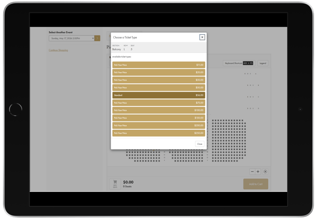 A tablet screen showing Opera Philadelphia's Pick Your Price seat selection