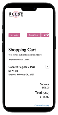 A mobile screen image of Yale School of Drama Pulse Cabaret's shopping cart.
