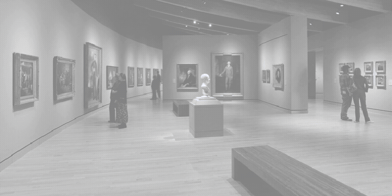 Animated illustration of an art museum gallery with framed paintings on the walls, sculptures, benches, and visitors viewing exhibits. The heading reads, “Not all visits are created equal.” The animation emphasizes that museum visits can vary in value or engagement, using the gallery setting as a visual metaphor for different visitor experiences.