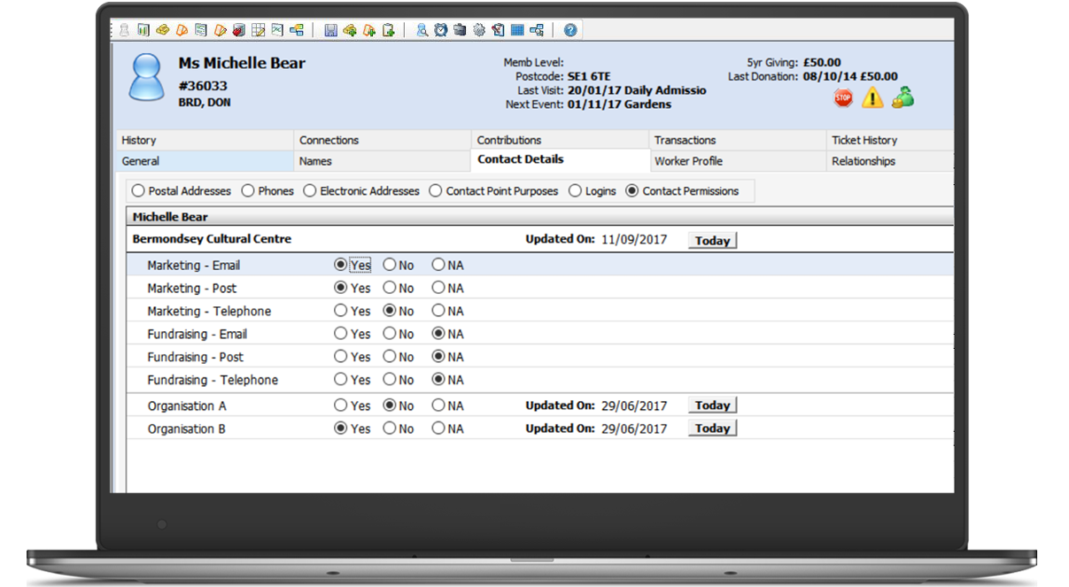 screenshot of Contact Permissions in constituent record
