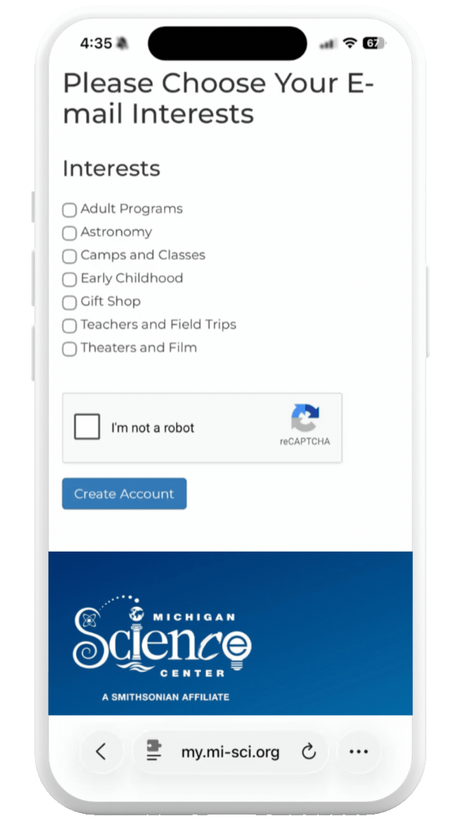 A GIF displaying Michigan Science Center's member account email preferences.