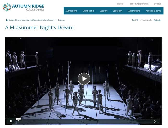 Screenshot showing the heading A Midsummer Night's Dream and a video of a theatrical production