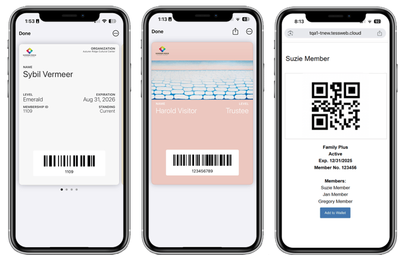 Three mobile screenshots of digital membership card samples