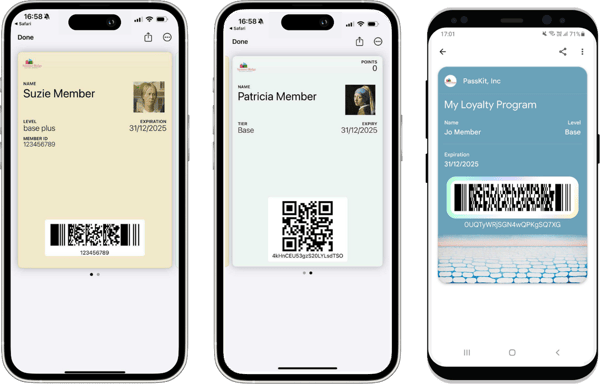 Three mobile screenshots of digital membership cards