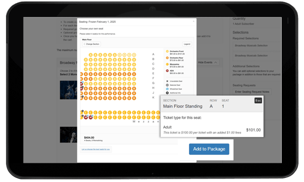 Tablet screen showing Select Your Own Seat functionality for flex packages