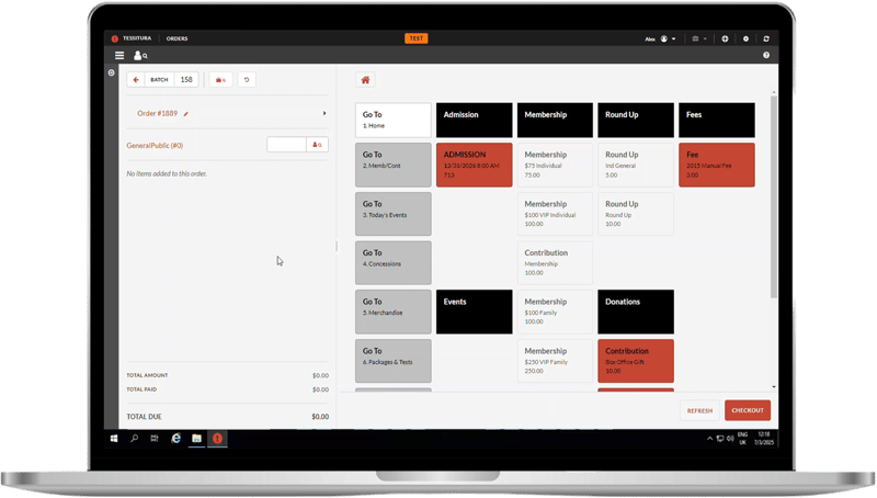 Laptop screenshot of streamlined Tessitura transactions in the browser