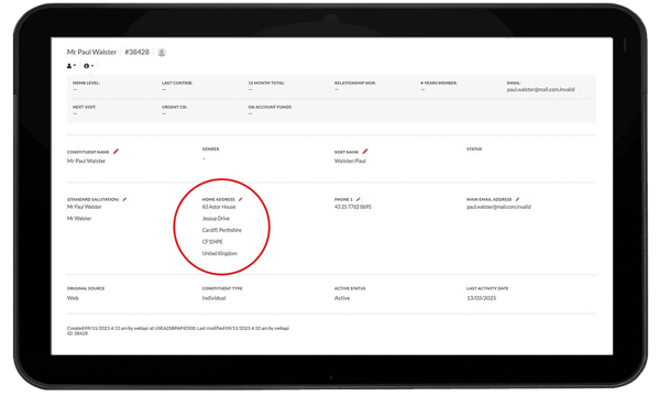 Tablet view of updated address line offerings in Tessitura Version 16