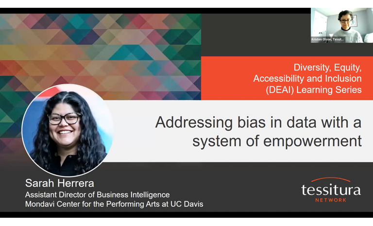 Title slide from Sarah Herrera's webinar, "Addressing bias in data"