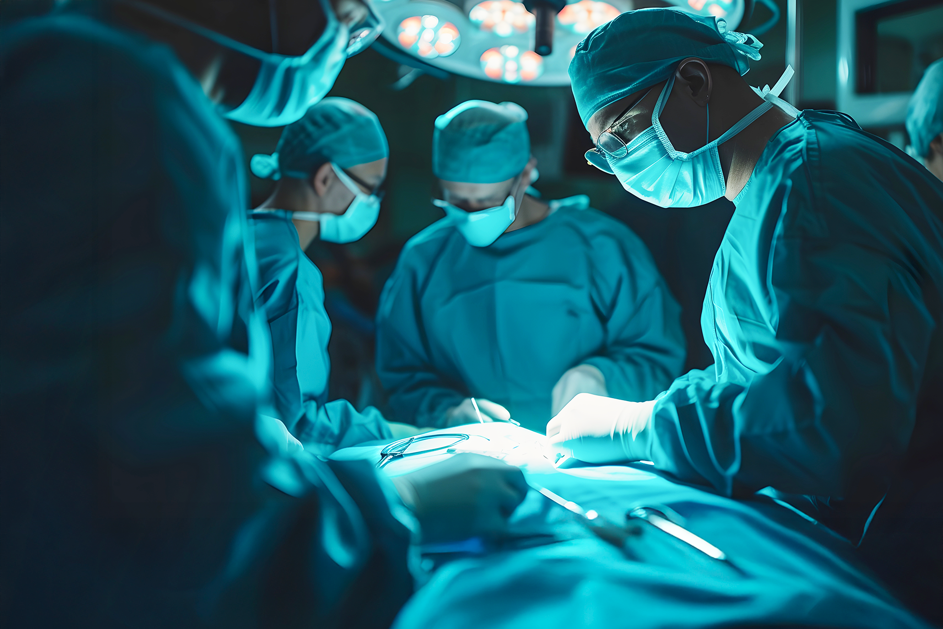 Team of surgeons and nurses collaborating during cancer surgery in a hospital operating room.