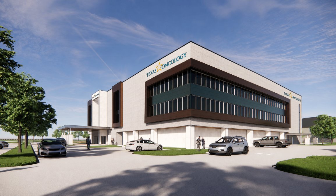 Architectural rendering of the new Texas Oncology-Plano Cancer Center at 5100 Village Creek Drive, a modern multi-story medical building with a covered entrance canopy and landscaped parking area, opening to patients on November 16, 2026.