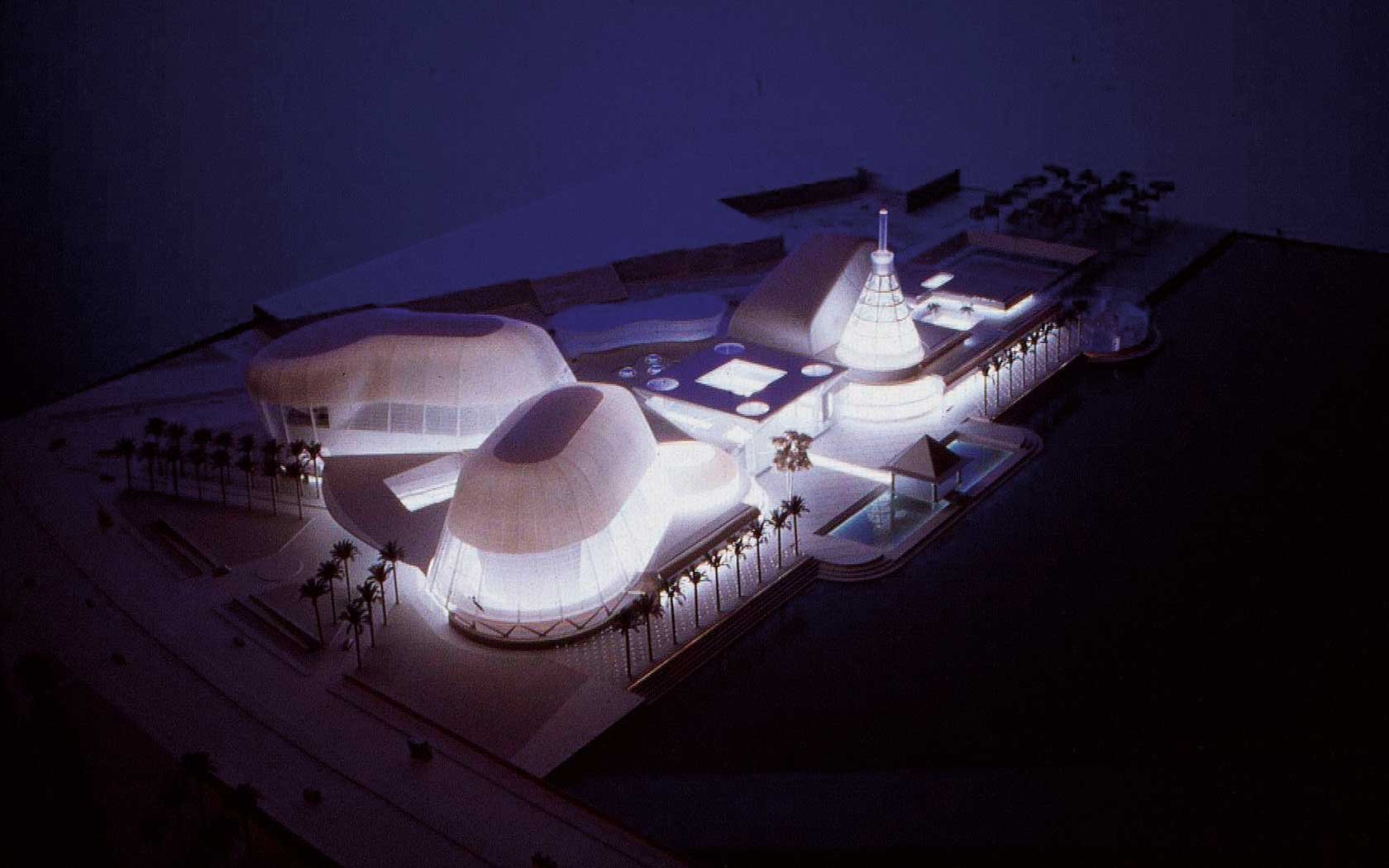 Image of winning design proposal for Esplanade featuring two lit domes as lanterns in the park.