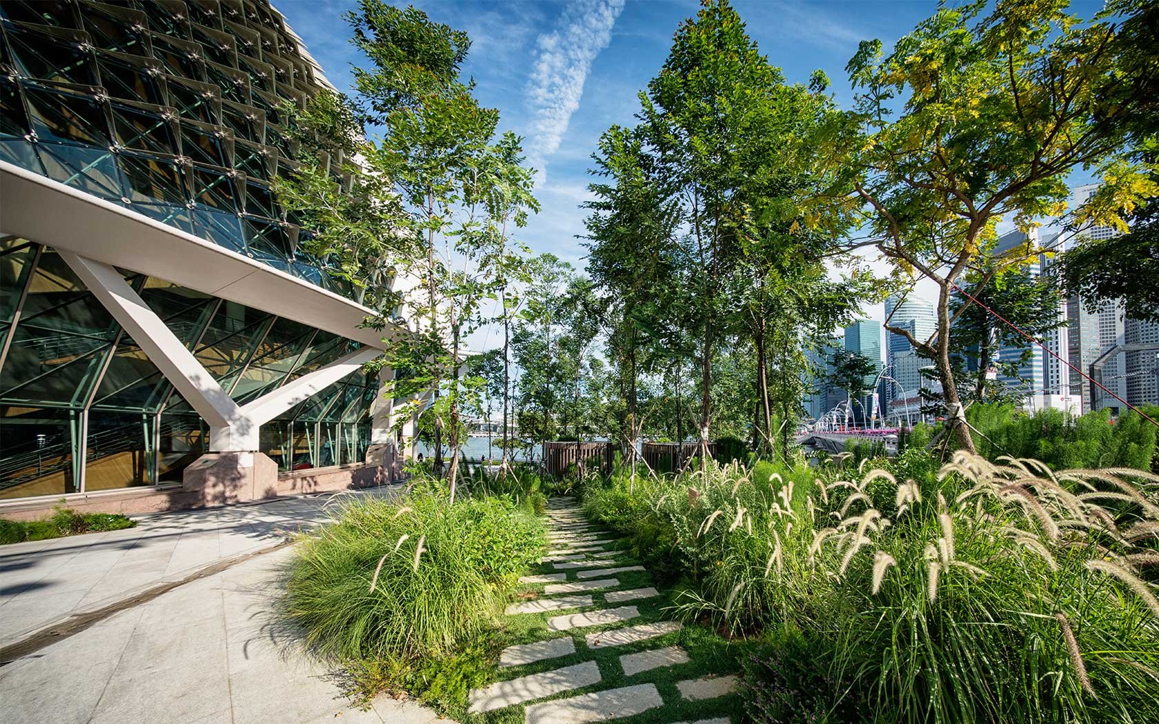 Image of Y columns, the pillars that support Esplanade’s twin domes and Esplanade Forecourt Garden.