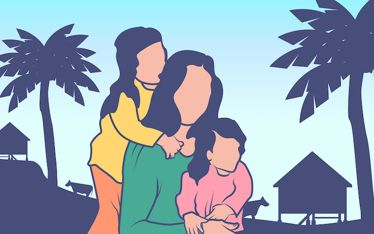 two sisters with their mother, one hugging mother from the back, one sitting on mother's lap