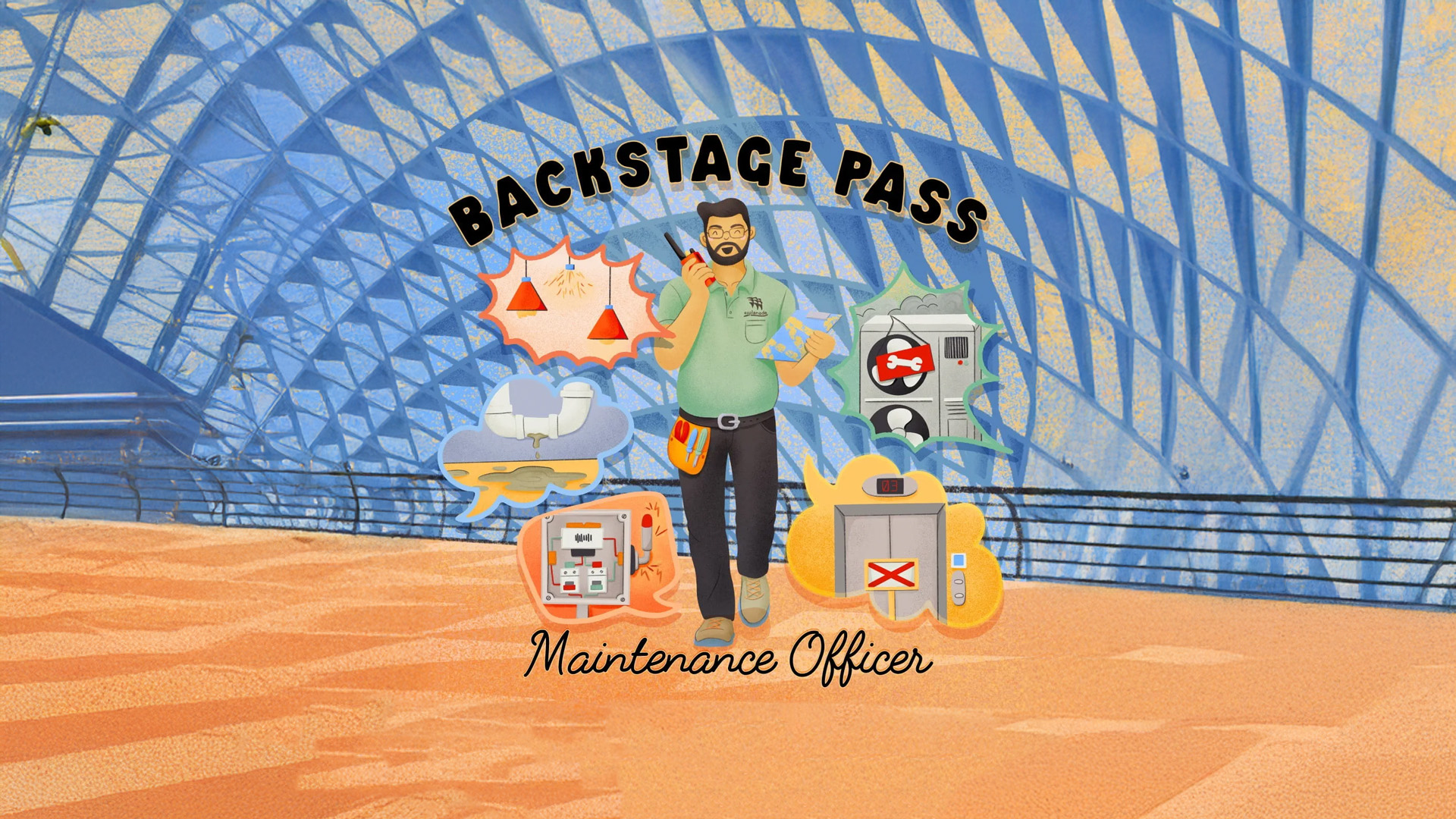 Illustration of a maintenance officer inside the Esplanade, surrounded by comic-style speech bubbles depicting various maintenance tasks.