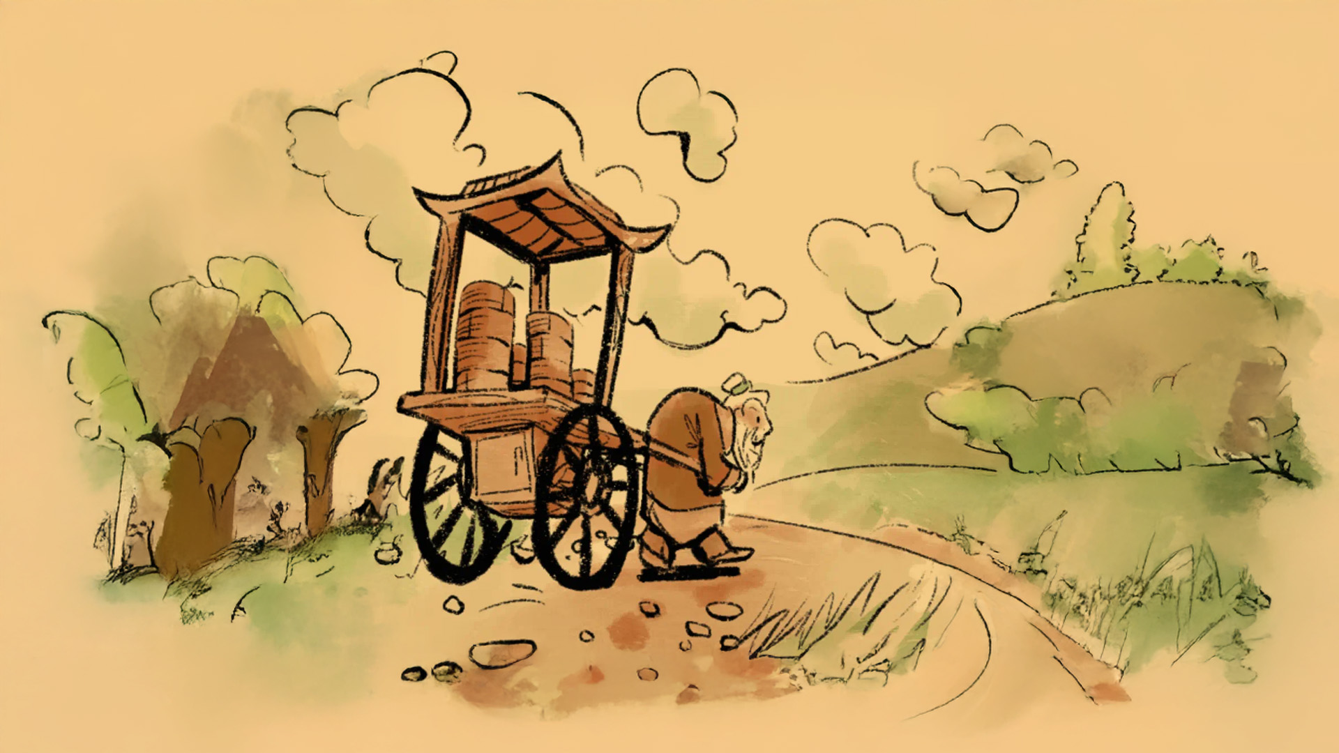Illustration of old man pulling a dumpling cart towards a mountain