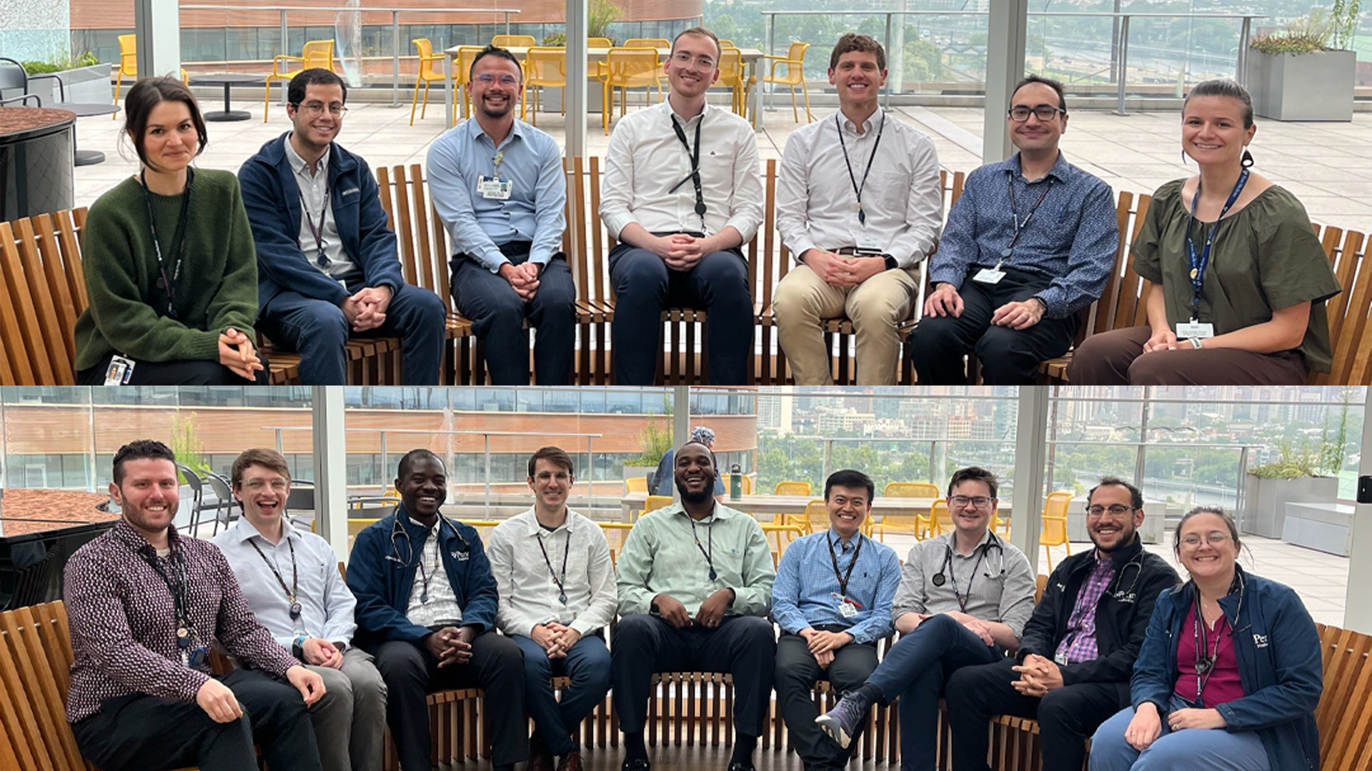 Division of renal electrolyte and hypertension fellows pose for a photo on bench.