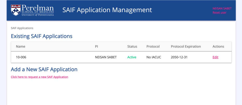 Screenshot: Existing SAIF Applications list page