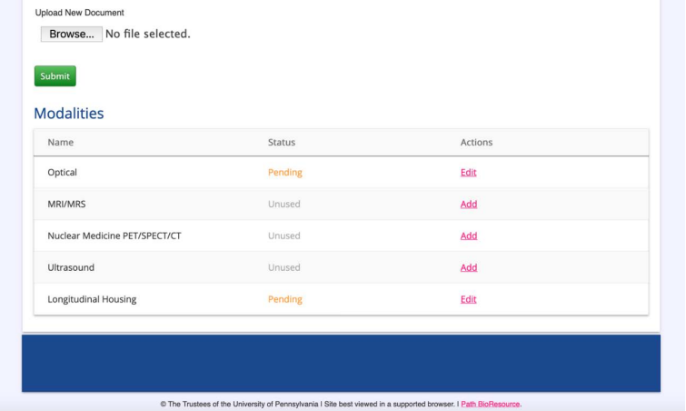 Screenshot: Modalities table showing Optical, MRI/MRS, Nuclear Medicine, Ultrasound, and Longitudinal Housing entries