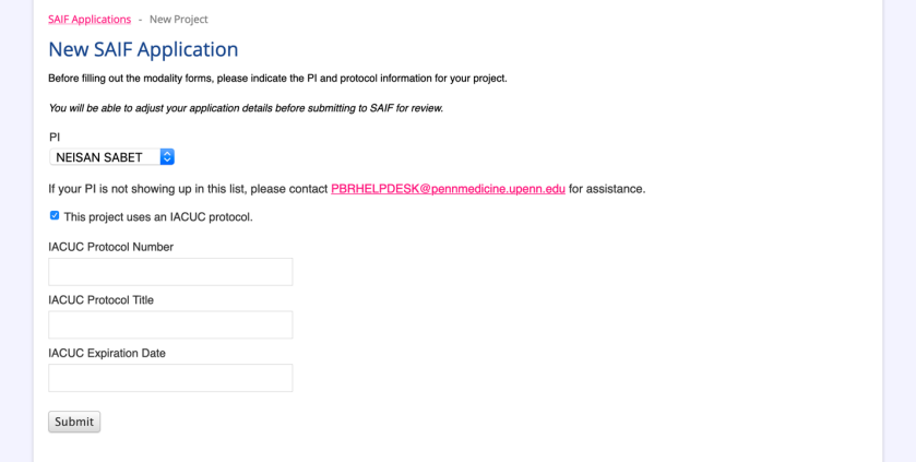 Screenshot: New SAIF Application form