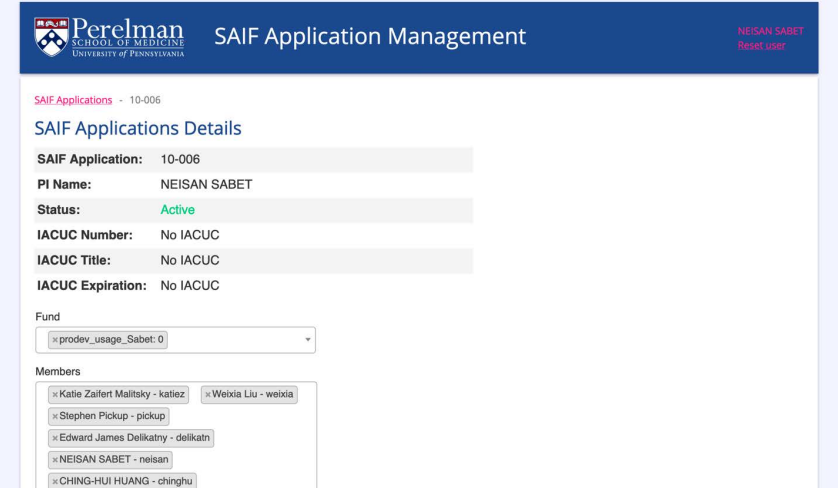 Screenshot: SAIF Application Details page showing Fund and Members fields