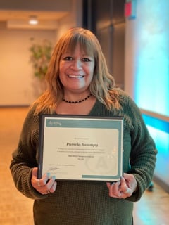 Pamela Swampy, Guest Services Representative 2002 Outstanding New Journeyperson Award recipient, at Saskatchewan Apprenticeship Awards, Conexus Arts Centre, Regina, November 4, 2022