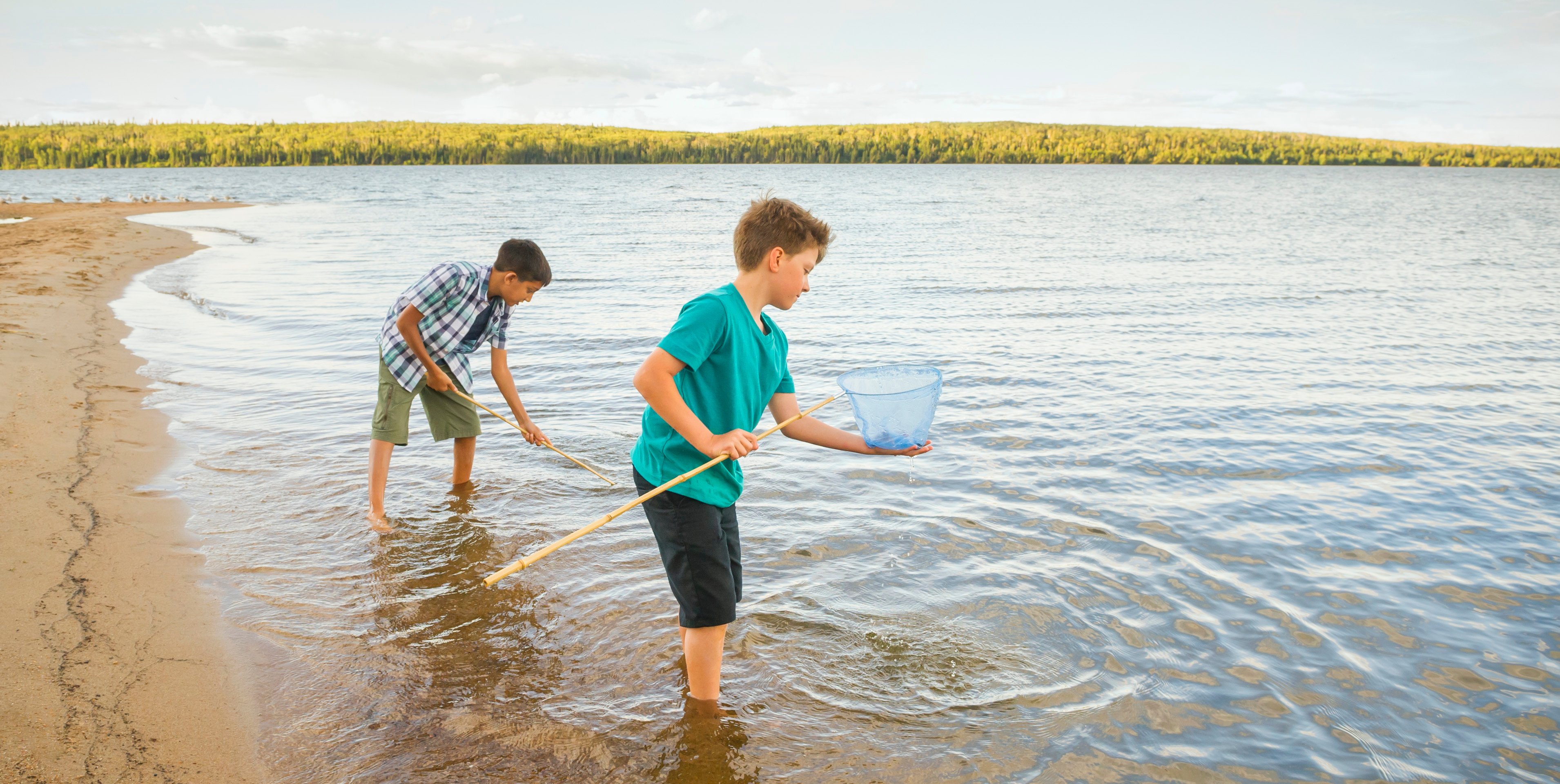 Two boys on a beach with nets