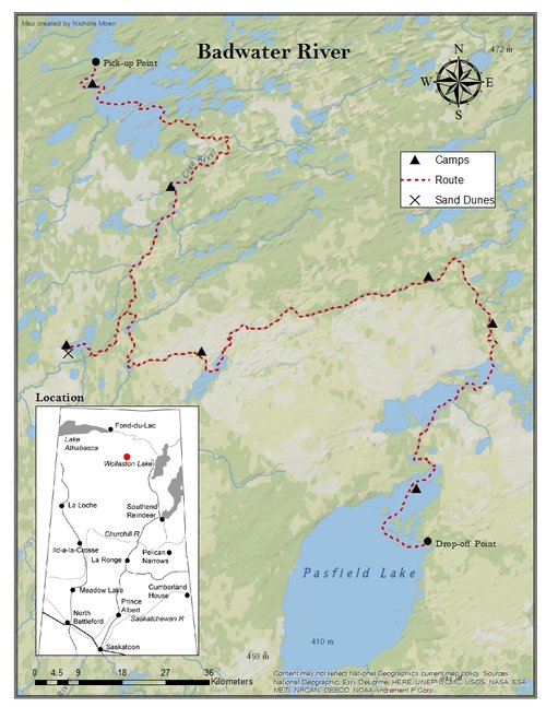 a map that shows a canoe route in northern Saskatchewan