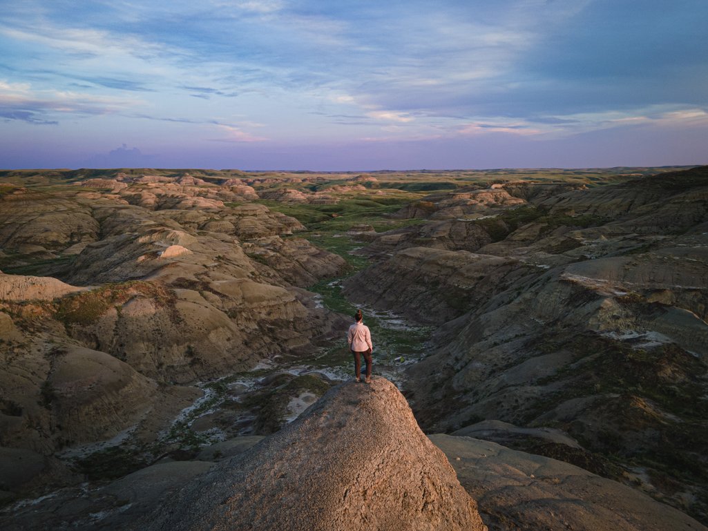 Person standing at lookout point viewing the Valley of 1,000 Devils in Grasslands National Park East Block
