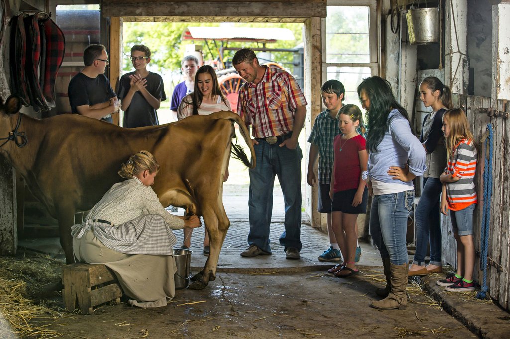 an interpreter in period dress showing how to milk a cow