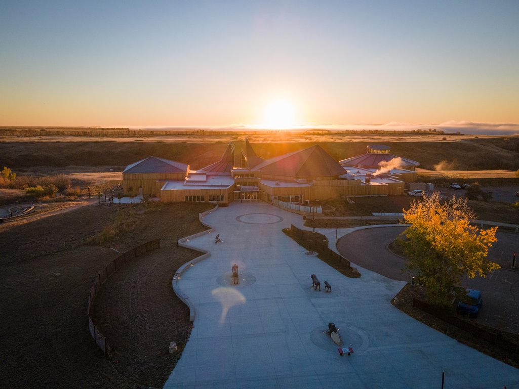 aerial photo of Wanuskewin Heritage Park at sunset